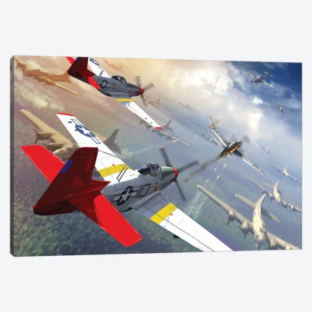 P-51 Mustangs Escorting B-17 Bombers From German Fighter Planes Canvas Print #TRK4105} by Kurt Miller Canvas Wall Art