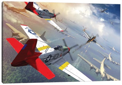 P-51 Mustangs Escorting B-17 Bombers From German Fighter Planes Canvas Art Print - Military Aircraft Art