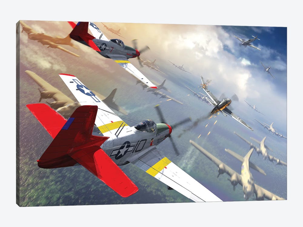 P-51 Mustangs Escorting B-17 Bombers From German Fighter Planes by Kurt Miller 1-piece Canvas Art Print