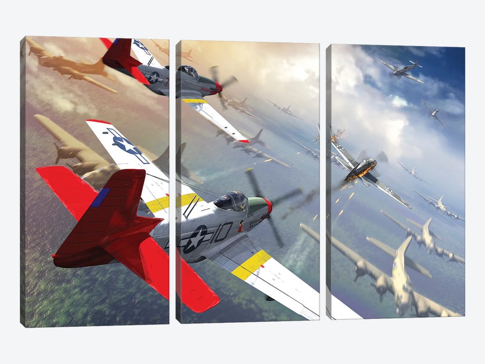 P-51 Mustangs Escorting B-17 Bombers From German Fighter Planes by Kurt Miller 3-piece Canvas Art Print