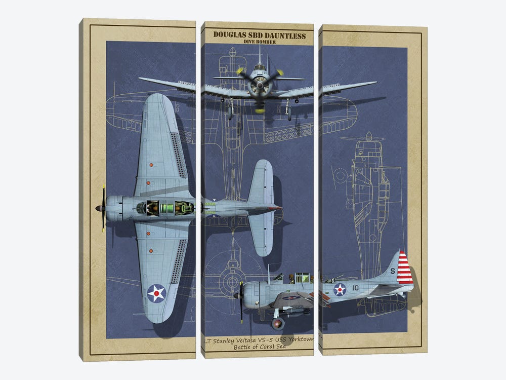 Sbd Dauntless Dive Bomber Of World War II by Kurt Miller 3-piece Canvas Print