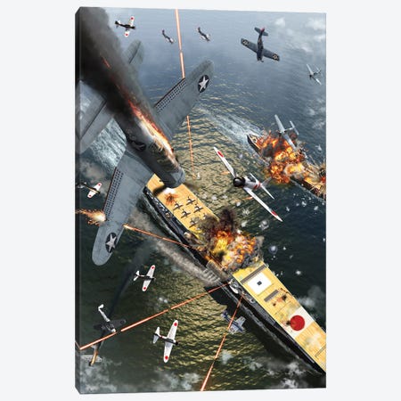 Us Aircraft Bomb The Japanese Aircraft Carrier Akagi During The World War II Battle Of Midway Canvas Print #TRK4111} by Kurt Miller Canvas Wall Art