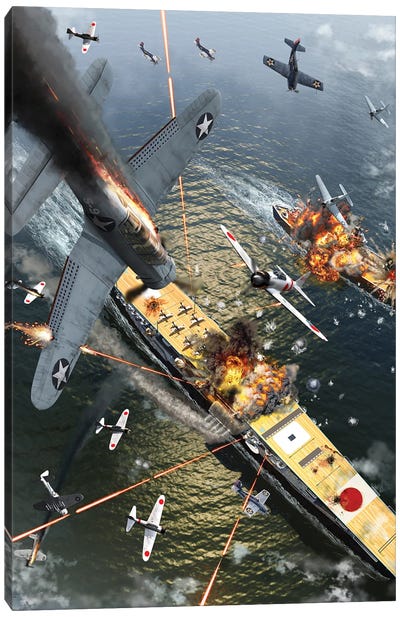 Us Aircraft Bomb The Japanese Aircraft Carrier Akagi During The World War II Battle Of Midway Canvas Art Print - Military Art