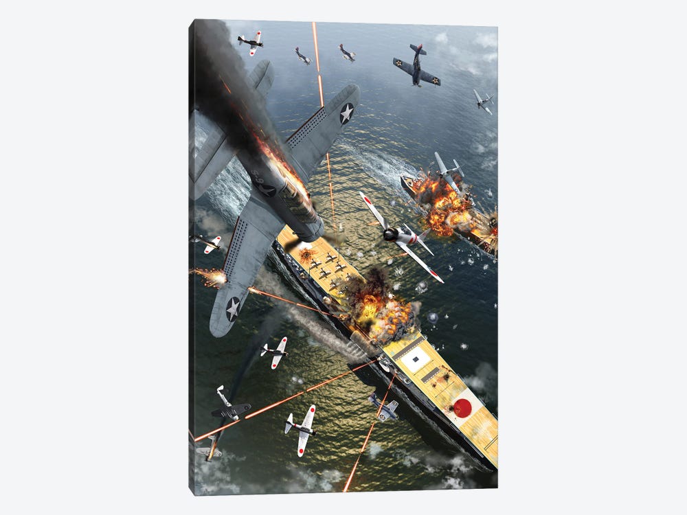 Us Aircraft Bomb The Japanese Aircraft Carrier Akagi During The World War II Battle Of Midway by Kurt Miller 1-piece Canvas Artwork