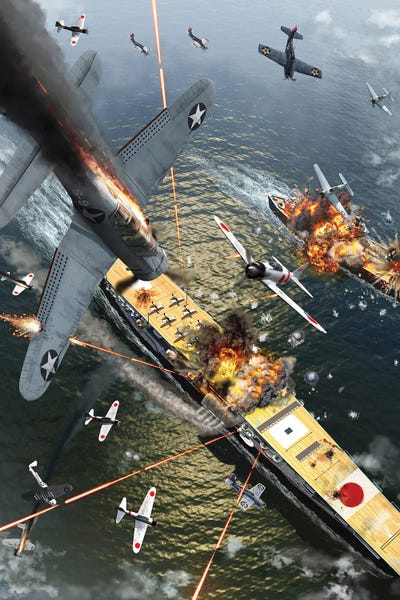 Military: Us Aircraft Bomb The Japanese Aircraft Carrier Akagi During The World War II Battle Of Midway by Kurt Miller