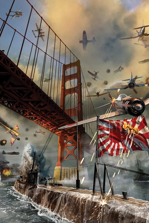 Us Planes Attacking A Japanese Zero And Submarine Under The Golden Gate Bridge During Wwii by Kurt Miller wall art