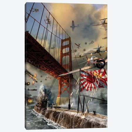 Us Planes Attacking A Japanese Zero And Submarine Under The Golden Gate Bridge During Wwii Canvas Print #TRK4112} by Kurt Miller Canvas Artwork