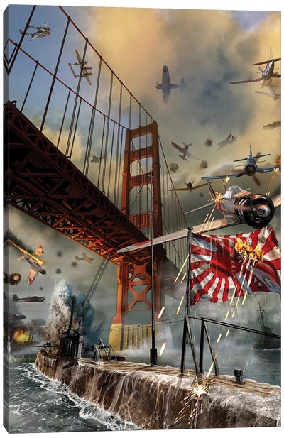 Us Planes Attacking A Japanese Zero And Submarine Under The Golden Gate Bridge During Wwii Canvas Art Print - Military Art