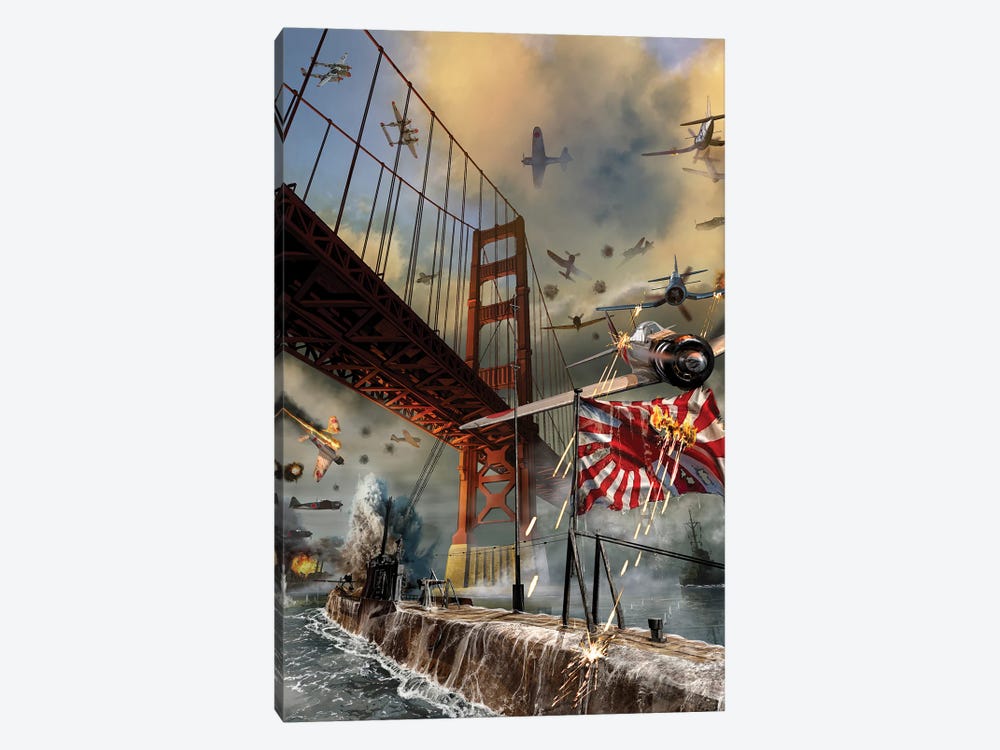 Us Planes Attacking A Japanese Zero And Submarine Under The Golden Gate Bridge During Wwii by Kurt Miller 1-piece Art Print