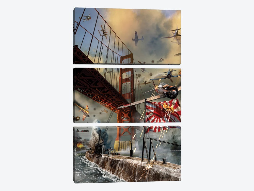 Us Planes Attacking A Japanese Zero And Submarine Under The Golden Gate Bridge During Wwii by Kurt Miller 3-piece Canvas Print