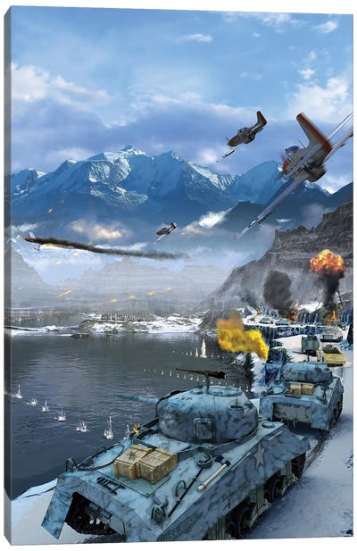 Us Sherman Tanks Moving Along The Alps To A German Stronghold During World War II Canvas Art Print - Military Art