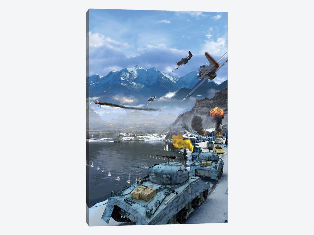Us Sherman Tanks Moving Along The Alps To A German Stronghold During World War II by Kurt Miller 1-piece Canvas Wall Art