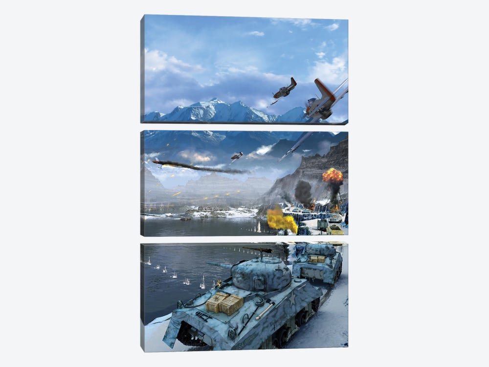 Us Sherman Tanks Moving Along The Alps To A German Stronghold During World War II by Kurt Miller 3-piece Canvas Art