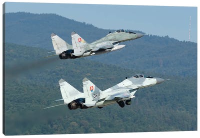 A Pair Of Slovak Air Force Mig-29As Scrambling For Quick Reaction Alert Mission Canvas Art Print - Military Aircraft Art