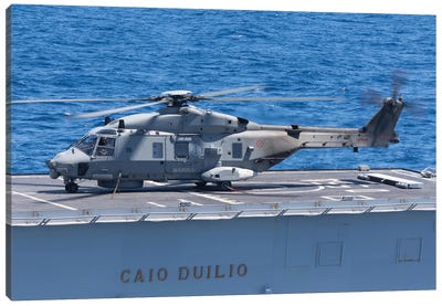Italian Navy Sh90A On The Flight Deck Of Ddg Caio Duilio Canvas Art Print - Military Aircraft Art