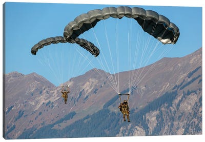 Swiss Army Paratroopers Descending Through The Sky, Meiringen, Switzerland Canvas Art Print - Military Aircraft Art