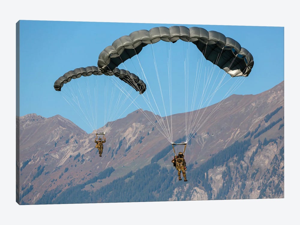 Swiss Army Paratroopers Descending Through The Sky, Meiringen, Switzerland by Timm Ziegenthaler 1-piece Canvas Artwork