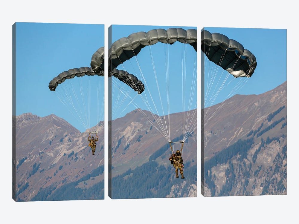 Swiss Army Paratroopers Descending Through The Sky, Meiringen, Switzerland by Timm Ziegenthaler 3-piece Canvas Artwork