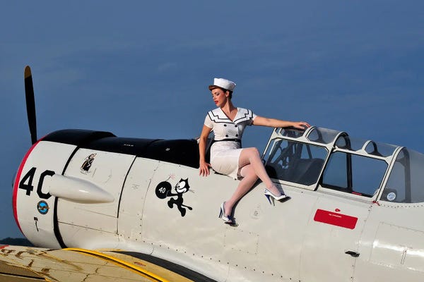 Navy Girl Sitting Near The Cockpit Of An SNJ Trainer Aircraft