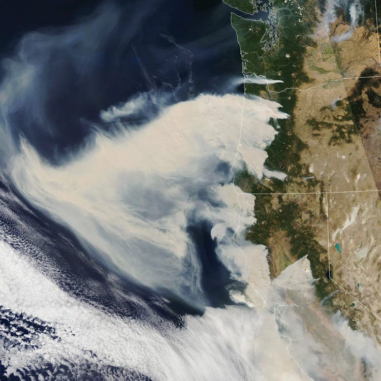 Natural-Color Satellite Image Of Thick Smoke Plumes From Wildfires On The US West Coast