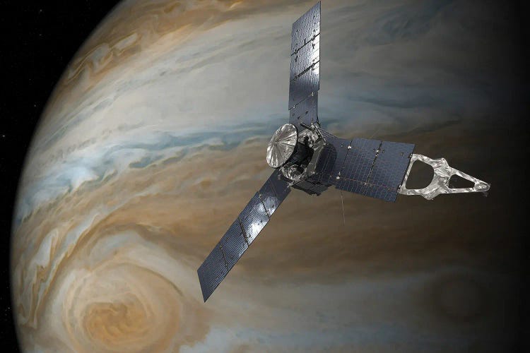 Illustration Of The Juno Spacecraft In Orbit Above Jupiter's Great Red Spot by Stocktrek Images wall art