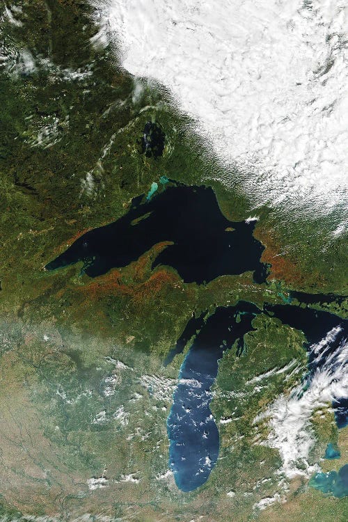 Satellite Image Of Autumn Color In The Forests Around Lake Superior, Rich With Hardwood Trees by Stocktrek Images wall art