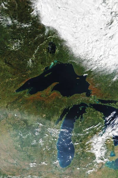 Astronomy & Space Collection: Satellite Image Of Autumn Color In The Forests Around Lake Superior, Rich With Hardwood Trees by Stocktrek Images