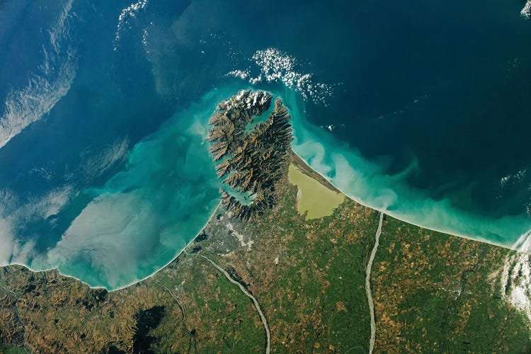 View From Space Of Christchurch And The Banks Peninsula On The East Coast Of New Zealand's South Island
