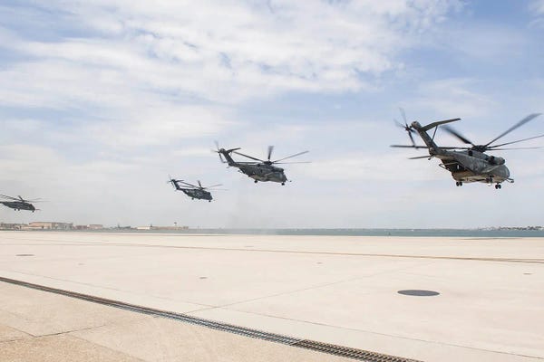 Military Aircraft: Five Mh-53E Sea Dragon Helicopters Depart Naval Station Norfolk, Virginia by Stocktrek Images