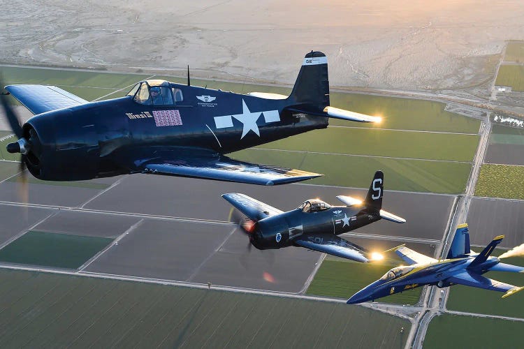 The Blue Angels Participate In A Heritage Flight Alongside An F6F Hellcat And F8F Bearcat II