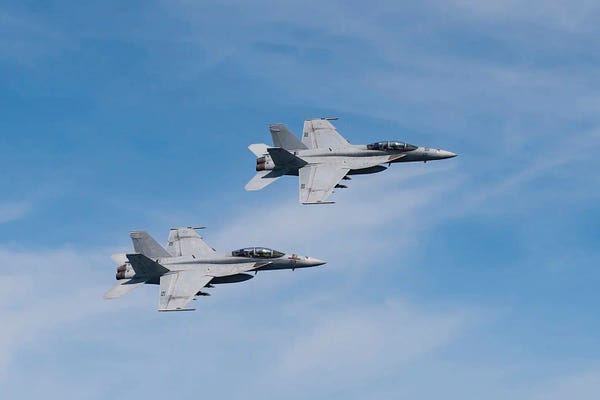 Military Aircraft: Two F/A-18F Super Hornets In Flight by Stocktrek Images