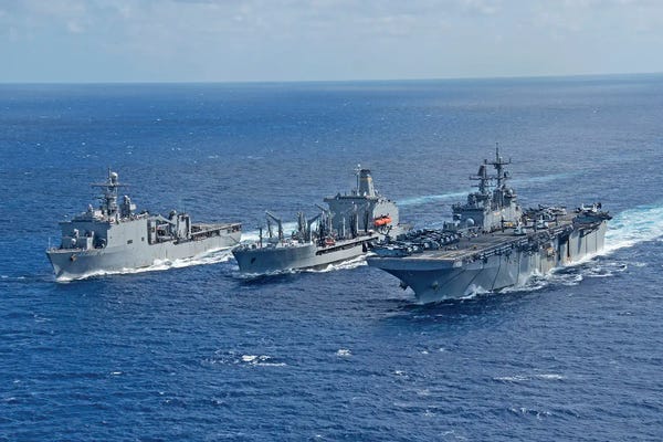 Warships: USS Bonhomme Richard Transists Alongside USNS John Ericsson And USS Ashland by Stocktrek Images