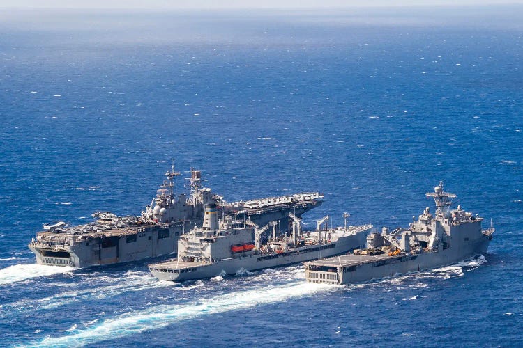 USS Bonhomme Richard Transits Alongside USNS John Ericcson And USS Ashland