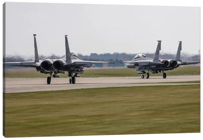 F-15E Strike Eagles Of The US Air Force Line Up For Takeoff Canvas Art Print - Stocktrek Images