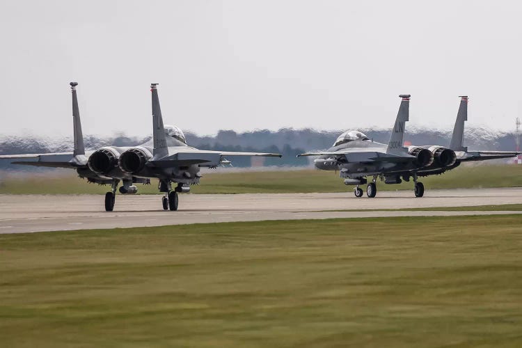 F-15E Strike Eagles Of The US Air Force Line Up For Takeoff