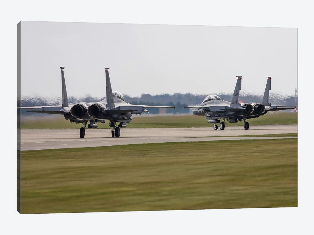 F-15E Strike Eagles Of The US Air Force Line Up For Takeoff by Rob Edgcumbe 1-piece Art Print