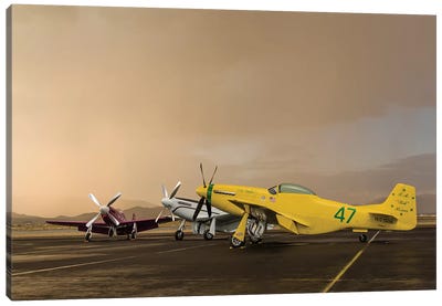 Three P-51 Mustangs Parked On The Ramp Ahead Of A Storm Canvas Art Print - Airplane Art