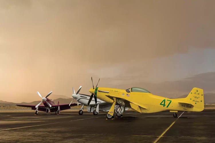 Three P-51 Mustangs Parked On The Ramp Ahead Of A Storm