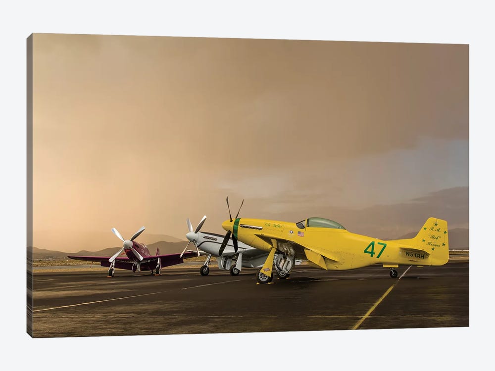 Three P-51 Mustangs Parked On The Ramp Ahead Of A Storm 1-piece Canvas Print