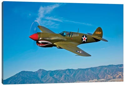 A Curtiss P-40E Warhawk In Flight Near Chino, California II Canvas Art Print - Military Aircraft Art