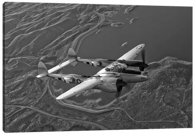 A Lockheed P-38 Lightning Fighter Aircraft In Flight I Canvas Art Print - Military Aircraft Art