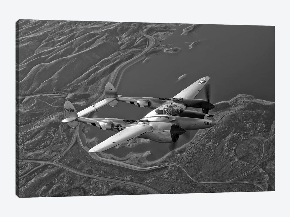 A Lockheed P-38 Lightning Fighter Aircraft In Flight I by Scott Germain 1-piece Canvas Print