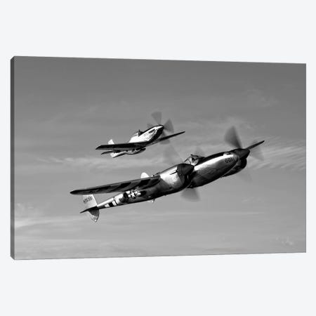 A P-38 Lightning And P-51D Mustang In Flight Canvas Print #TRK484} by Scott Germain Canvas Wall Art