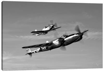 A P-38 Lightning And P-51D Mustang In Flight Canvas Art Print - Military Aircraft Art