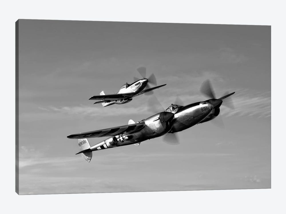 A P-38 Lightning And P-51D Mustang In Flight by Scott Germain 1-piece Canvas Wall Art