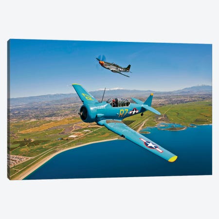 A T-6 Texan And P-51D Mustang In Flight Over Chino, California Canvas Print #TRK499} by Scott Germain Canvas Art