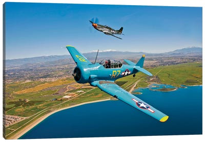 A T-6 Texan And P-51D Mustang In Flight Over Chino, California Canvas Art Print