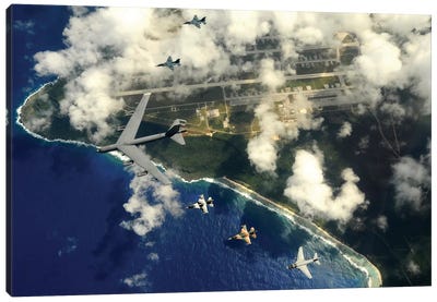 A B-52 Stratofortress Leads A Formation Of Aircraft Over Guam II Canvas Art Print - Guam