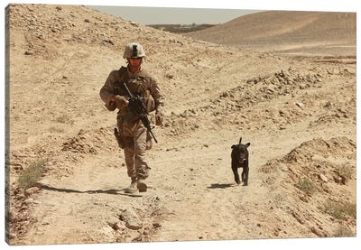 A Dog Handler Walks With An Explosives Detection Dog While On Patrol Canvas Art Print