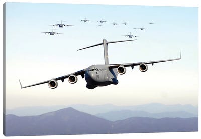 A Formation Of 17 C-17 Globemaster IIIs Fly Over The Blue Ridge Mountains Canvas Art Print - Airplane Art